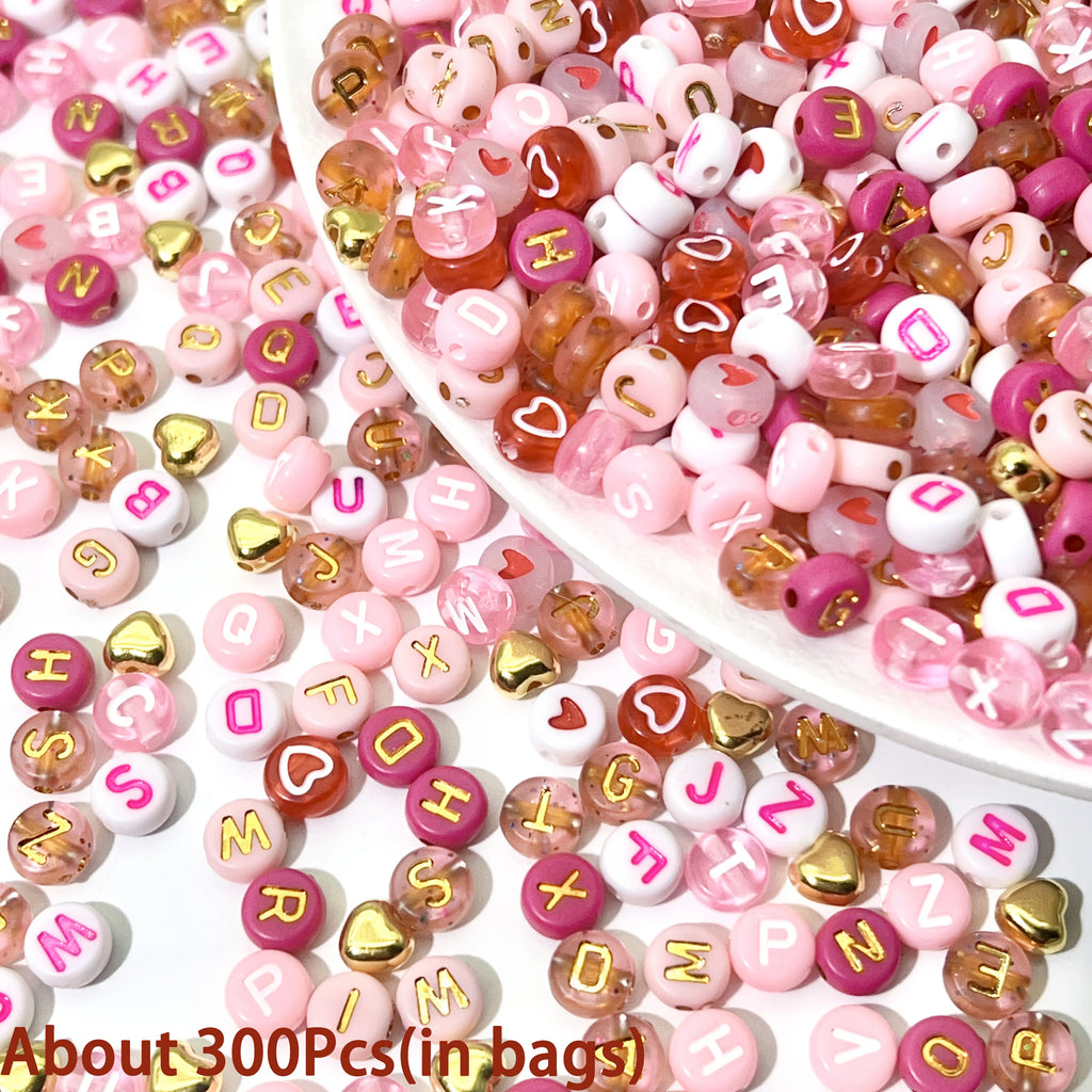300/840pcs Pink, Red & White, Golden Letter & Heart Acrylic Beads Set - Jewelry Making Kit for DIY Bracelets, Necklaces - Toxic Skullz