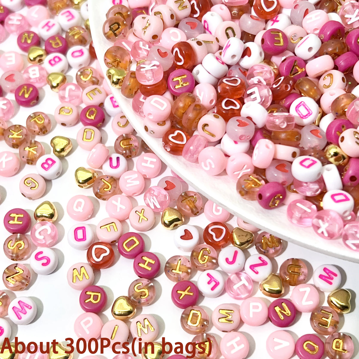 300/840pcs Pink, Red & White, Golden Letter & Heart Acrylic Beads Set - Jewelry Making Kit for DIY Bracelets, Necklaces - Toxic Skullz