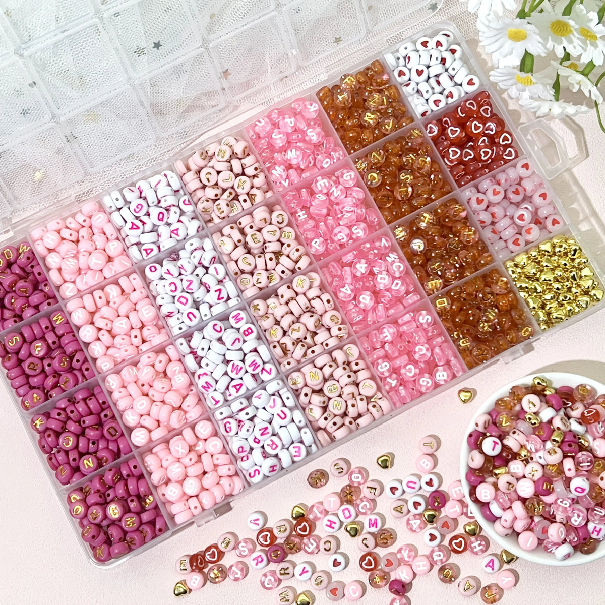 300/840pcs Pink, Red & White, Golden Letter & Heart Acrylic Beads Set - Jewelry Making Kit for DIY Bracelets, Necklaces - Toxic Skullz
