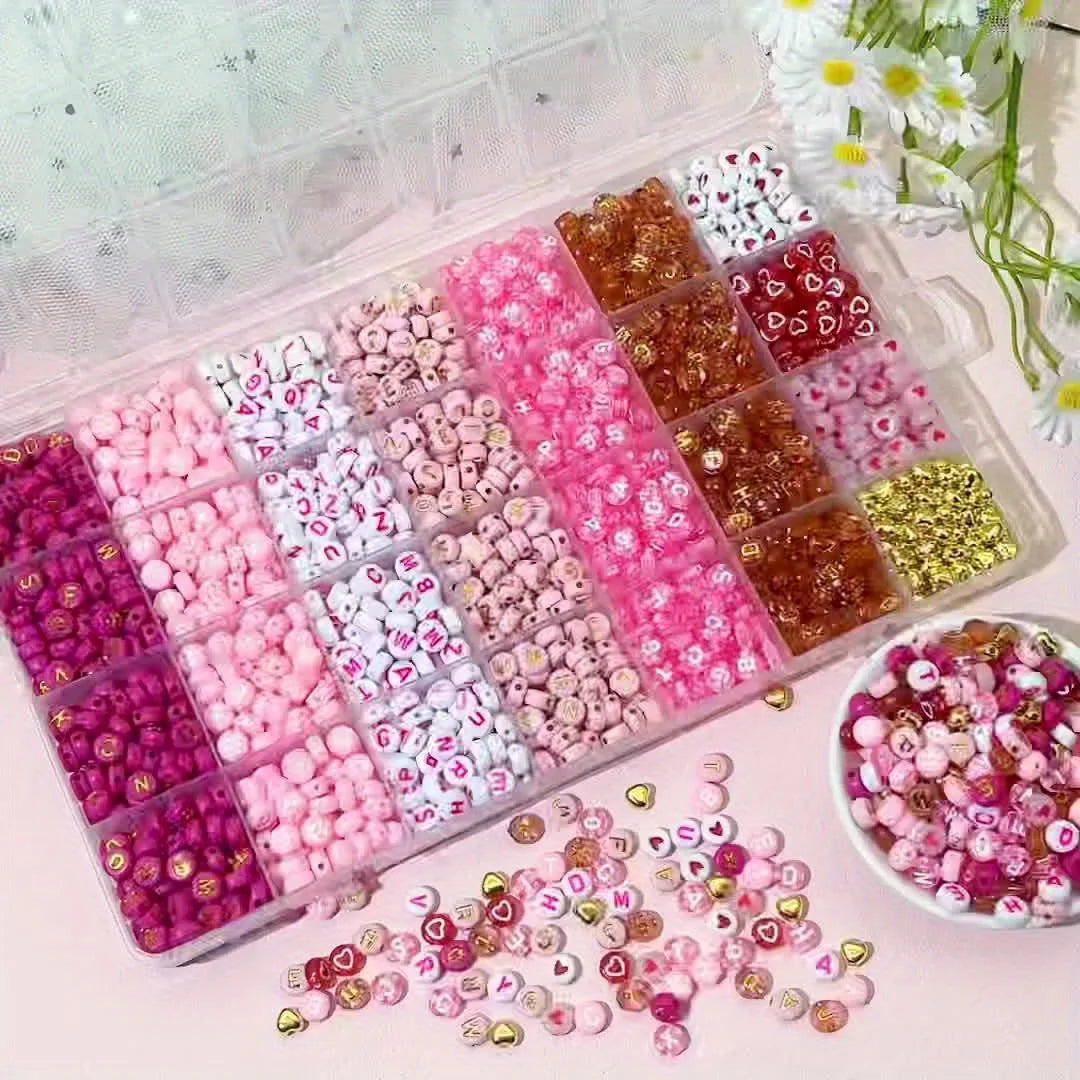 300/840pcs Pink, Red & White, Golden Letter & Heart Acrylic Beads Set - Jewelry Making Kit for DIY Bracelets, Necklaces - Toxic Skullz