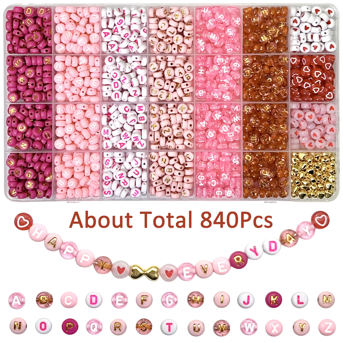 300/840pcs Pink, Red & White, Golden Letter & Heart Acrylic Beads Set - Jewelry Making Kit for DIY Bracelets, Necklaces - Toxic Skullz