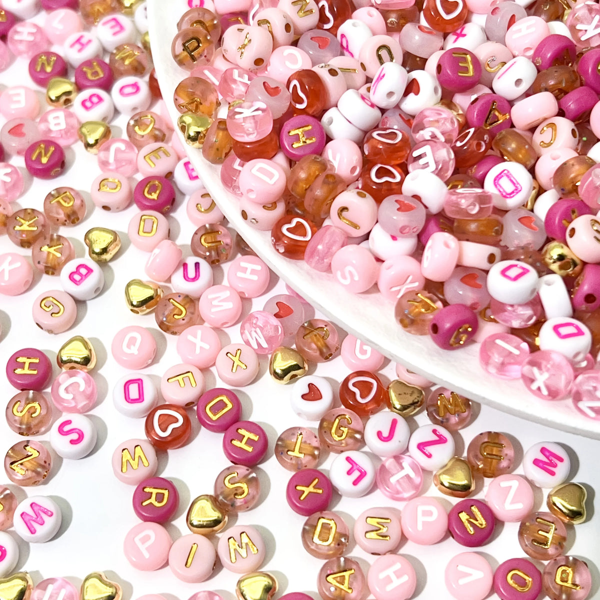 300/840pcs Pink, Red & White, Golden Letter & Heart Acrylic Beads Set - Jewelry Making Kit for DIY Bracelets, Necklaces - Toxic Skullz