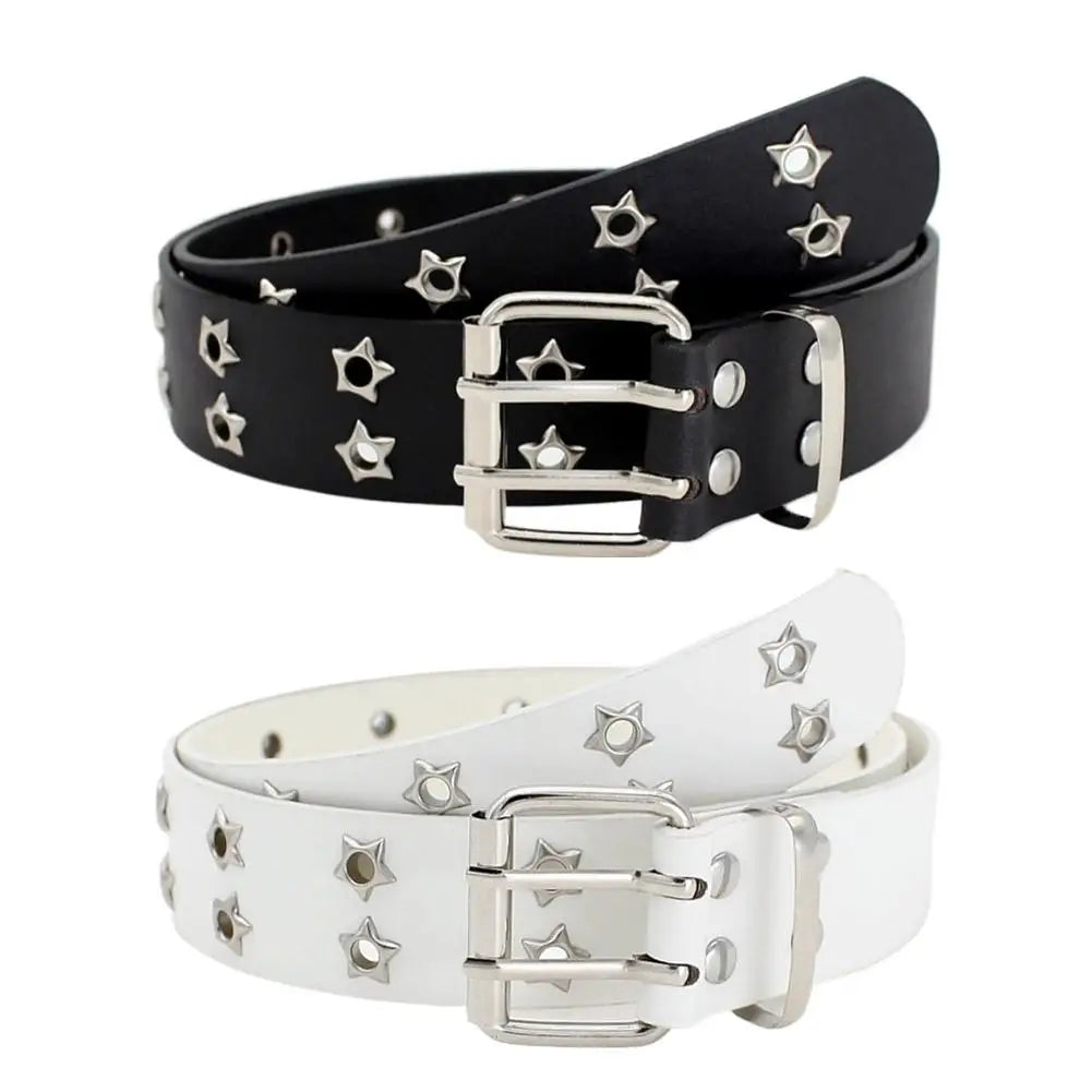 Y2K Punk Rivet Leather Belts Star PU Black White Waist Strap Double Row Hollow For Jeans Skirt Decor Gothic Waistband - Toxic Skullz