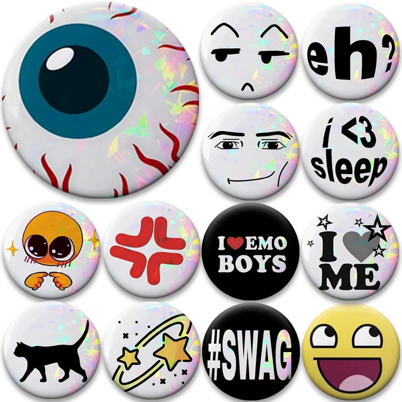 Y2K Holographic Eye Funny Face Badge Cute Cat Star Pins I Love EMO Boys Brooches DIY Backpack Jeans Decor Aesthetic Accessories - Toxic Skullz