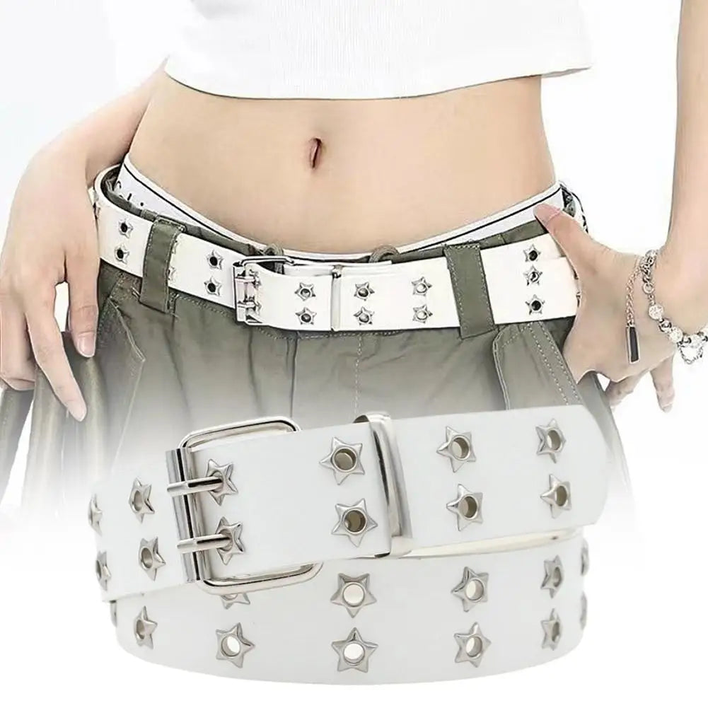 Y2K Punk Rivet Leather Belts Star PU Black White Waist Strap Double Row Hollow For Jeans Skirt Decor Gothic Waistband - Toxic Skullz