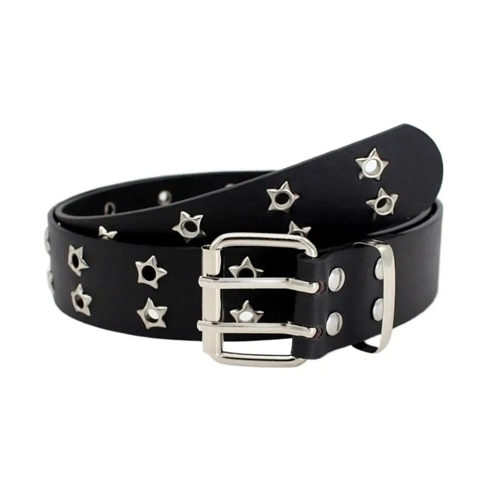 Y2K Punk Rivet Leather Belts Star PU Black White Waist Strap Double Row Hollow For Jeans Skirt Decor Gothic Waistband - Toxic Skullz