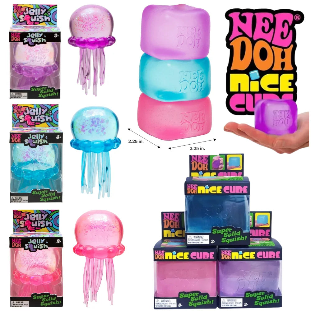 Trending Nee Doh Jellyfish & Cube Squish Toy, Soft Jelly Squeeze Stress Relief Fidget Toy, Sensory NeeDoh for Kids & Adults - Toxic Skullz
