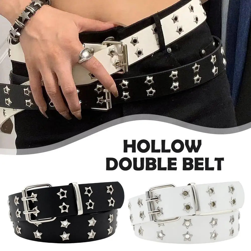 Y2K Punk Rivet Leather Belts Star PU Black White Waist Strap Double Row Hollow For Jeans Skirt Decor Gothic Waistband - Toxic Skullz
